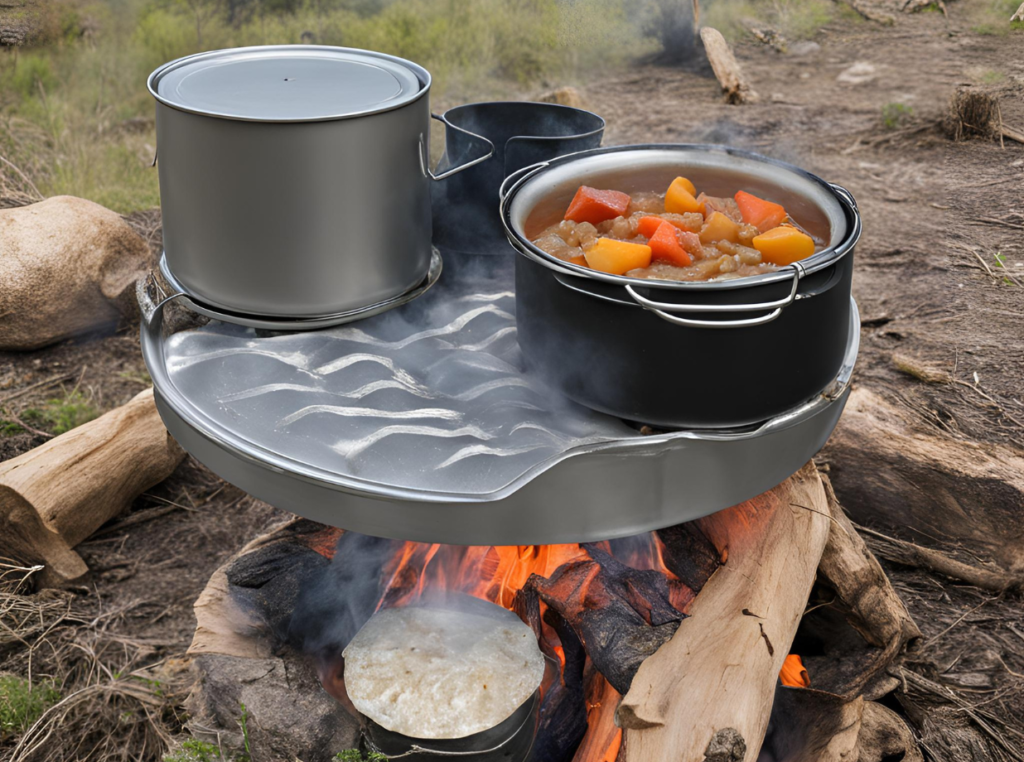 one-pot meal ready and on table in the woods
