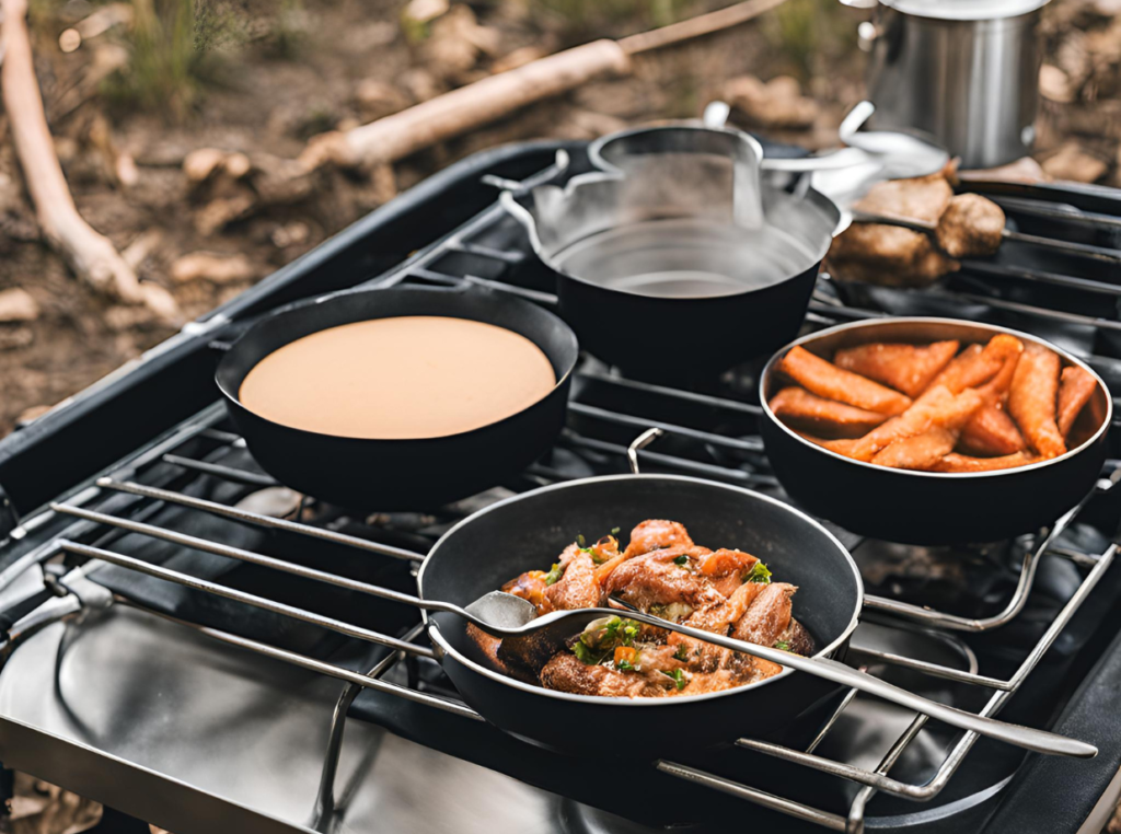 cooking meal outdoors on a portable stove while camping