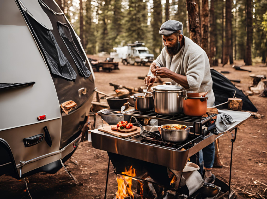 man cooking near his RV