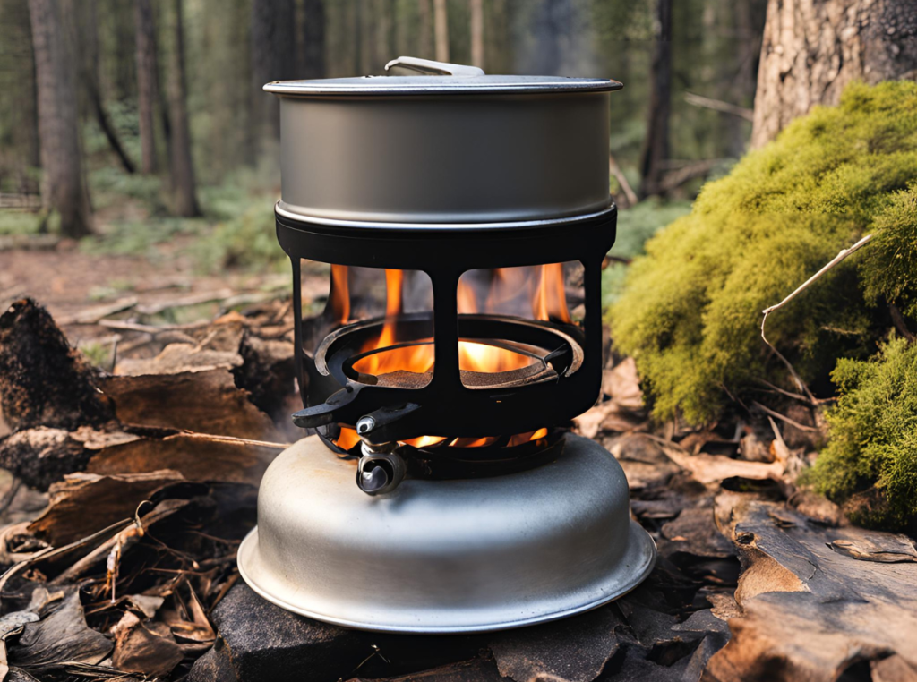 lit portable stove sitting in the woods