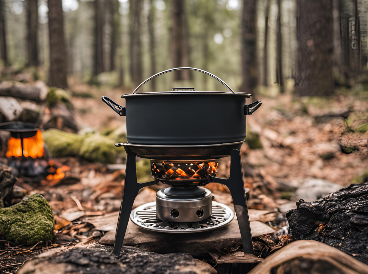 canister stove in the woods