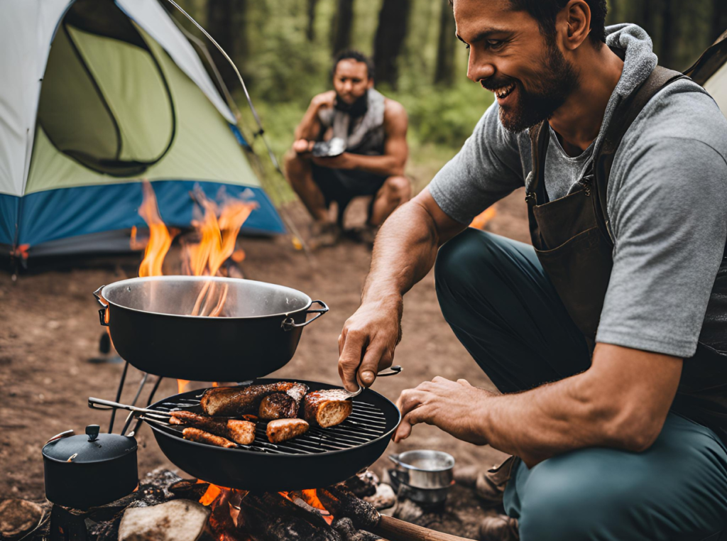 man cooking one-pot meal in the woods