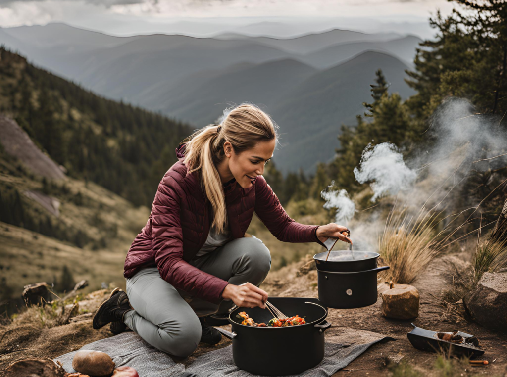 woman cooking one-pot camping meal