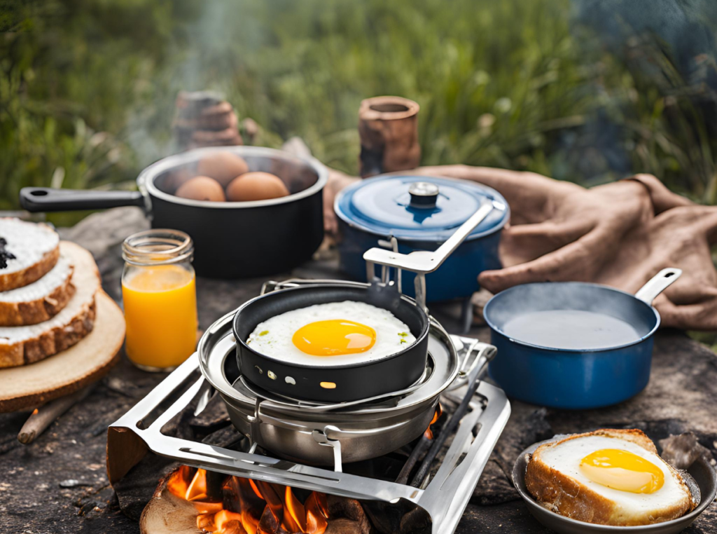 cooking breakfast outdoors on a portable stove