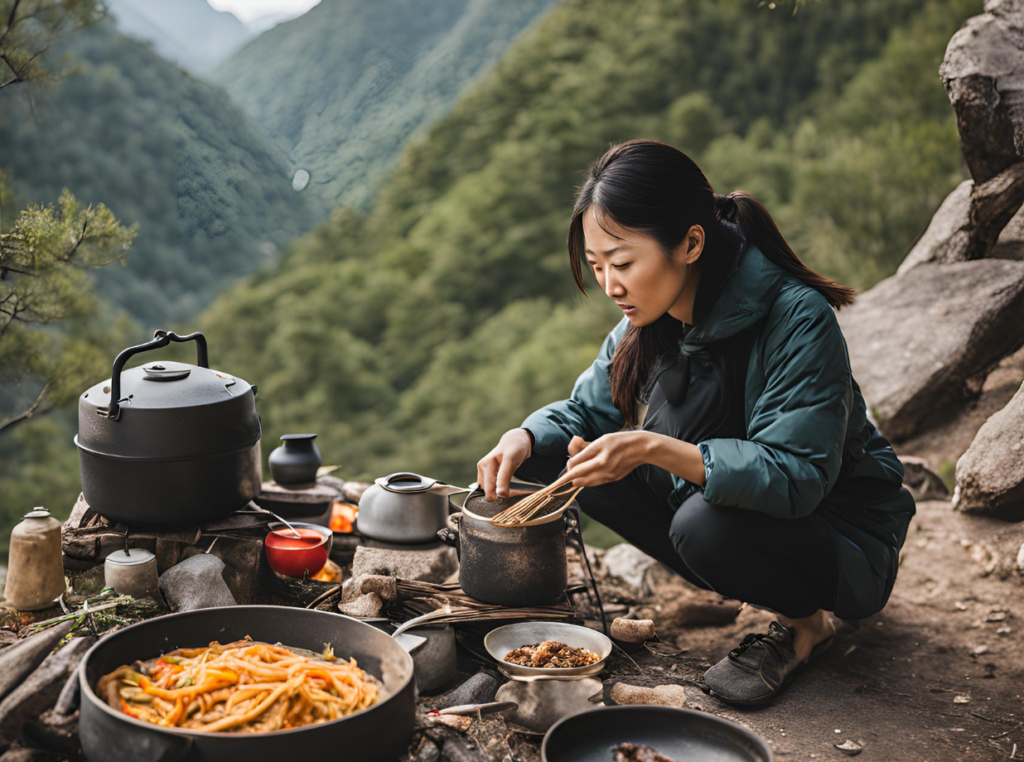 Asian lady cooking one-pot meal while hiking