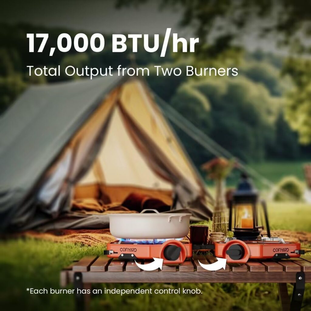 Propane 2 Burner Camping Stove with Carrying Bag, Portable Folding Gas Stove for Camping, Backpacking Camp Stove for Outdoor Cooking, With 17,000 BTU Adjustable Burners for BBQ, Tailgating Cofiyard Propane 2 Burner Camping Stove Output