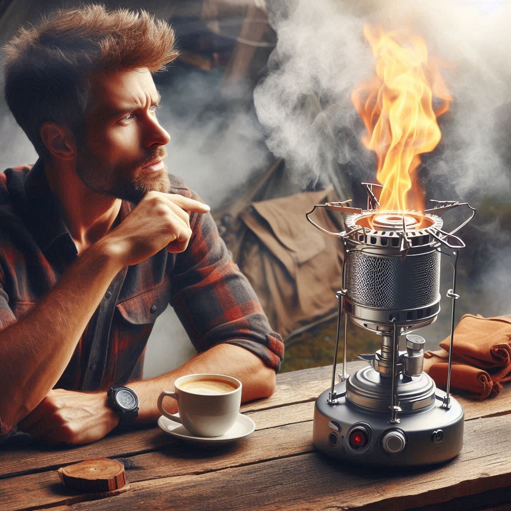 man thinking while canister stove burns