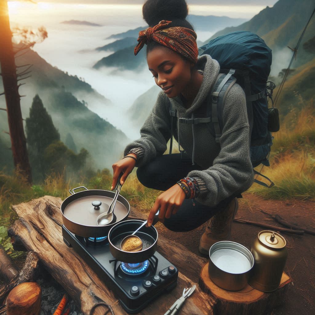 Black Women Cooking with Portable Butane Stove while hiking