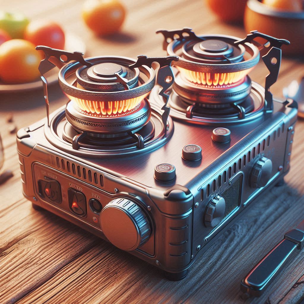 portable two burner butane stove burning