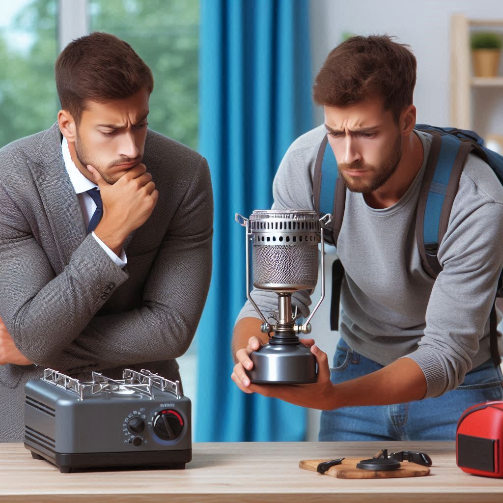 two men looking at a canister stove