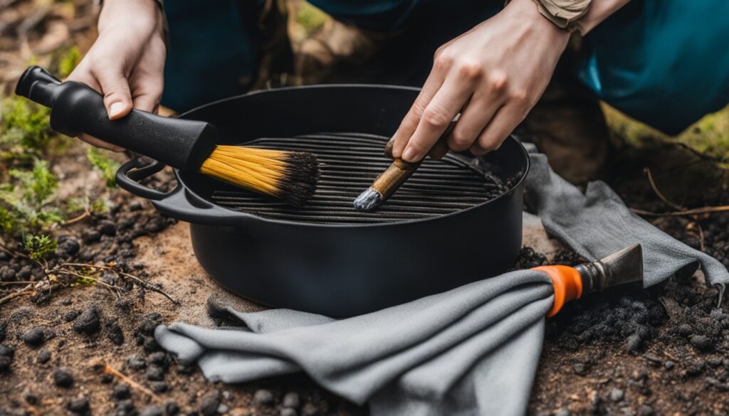 man cleaning soot from camping stove