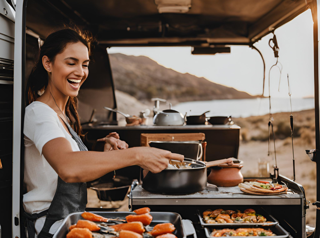 woman cooking outside of an RV