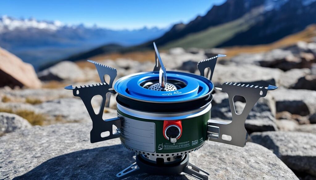 canister stove sitting on rocks