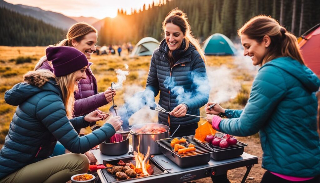 group of peopl eating a meal while camping in the outdoors