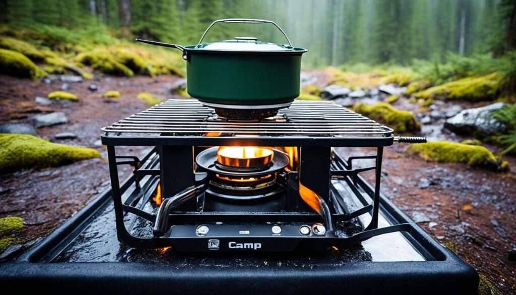 pot sitting on top of a camping stove in the rain