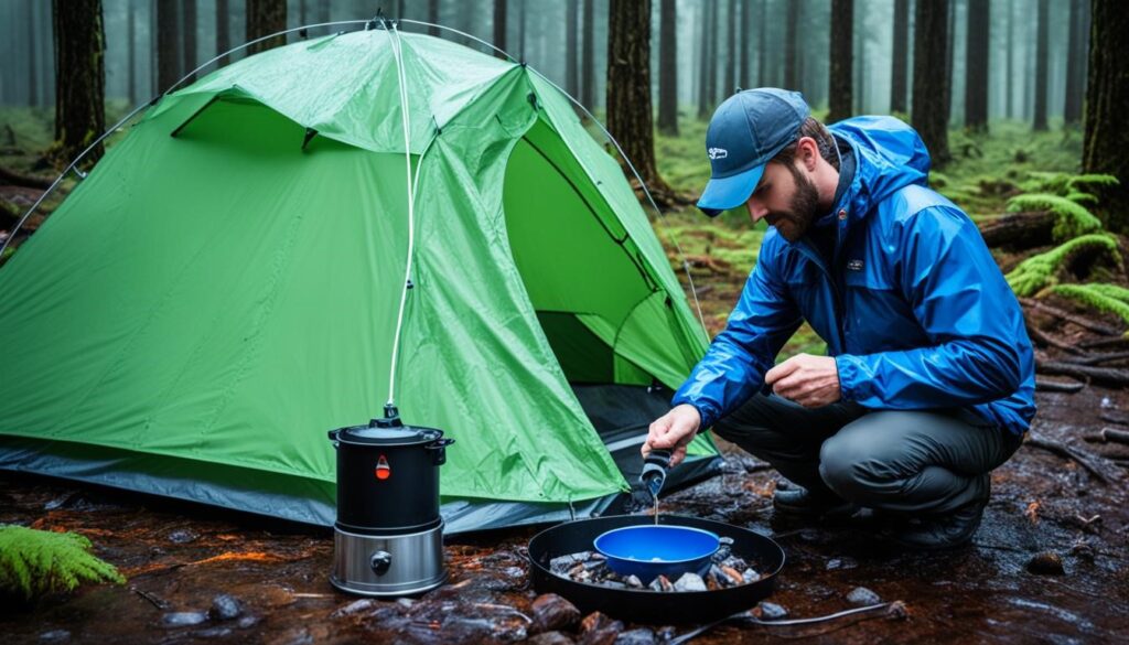 Man cooking outside in the rain by a green tent