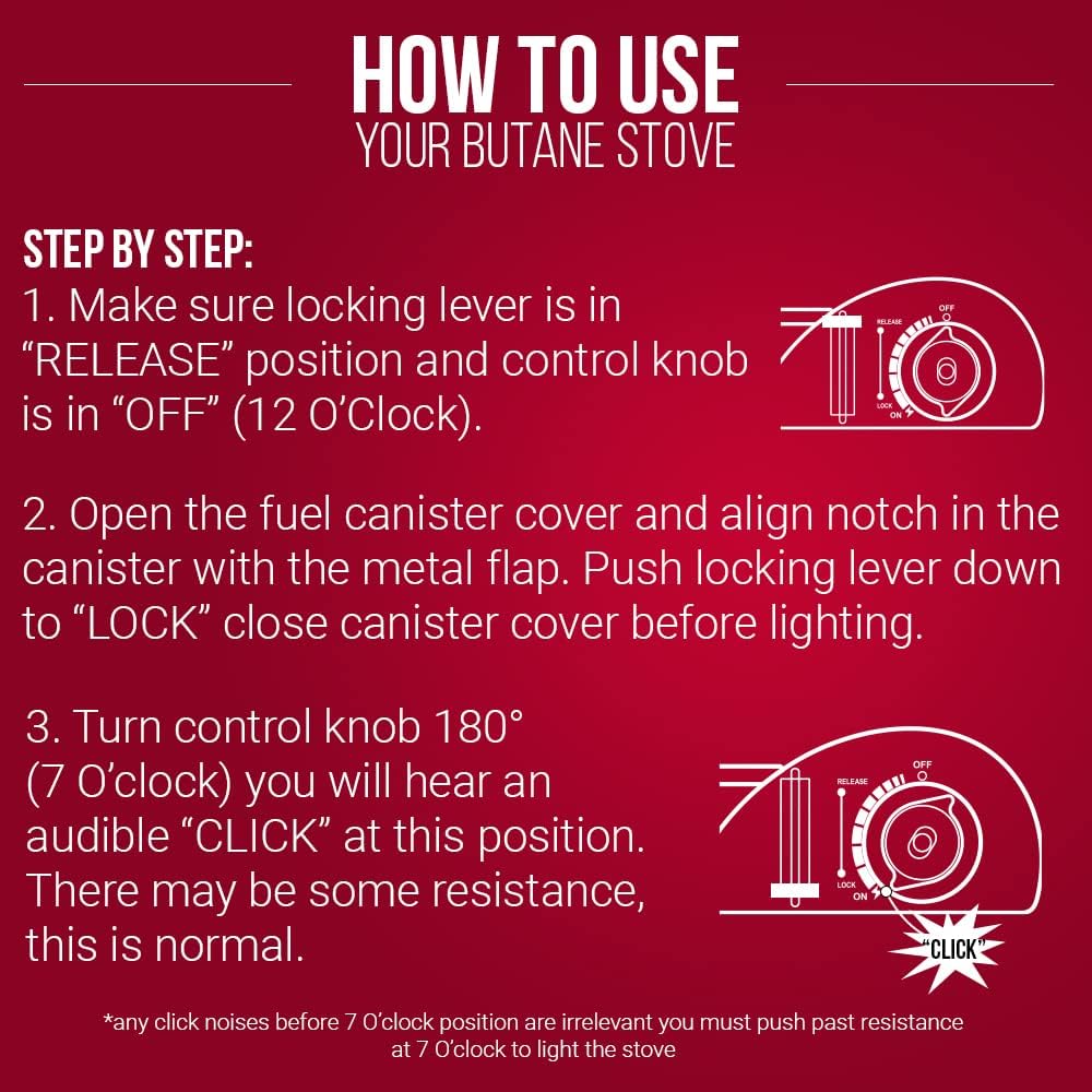 Portable Butane Camping Stove, Piezo Click Ignition, 15,000 BTU Output, Double Wind-Guard Portable Stove Burner for Emergency, Tailgating, Hiking, Backpacking, Camping Essentials by Chef Master #90019 Portable Butane Camping Stove, Piezo Click Ignition, 15,000 BTU Output, Double Wind-Guard Portable Stove Burner for Emergency, Tailgating, Hiking, Backpacking, Camping Essentials by Chef Master #90019