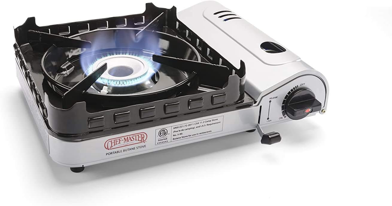 Portable Butane Camping Stove, Piezo Click Ignition, 15,000 BTU Output, Double Wind-Guard Portable Stove Burner for Emergency, Tailgating, Hiking, Backpacking, Camping Essentials by Chef Master #90019 Portable Butane Camping Stove, Piezo Click Ignition, 15,000 BTU Output, Double Wind-Guard Portable Stove Burner for Emergency, Tailgating, Hiking, Backpacking, Camping Essentials by Chef Master #90019