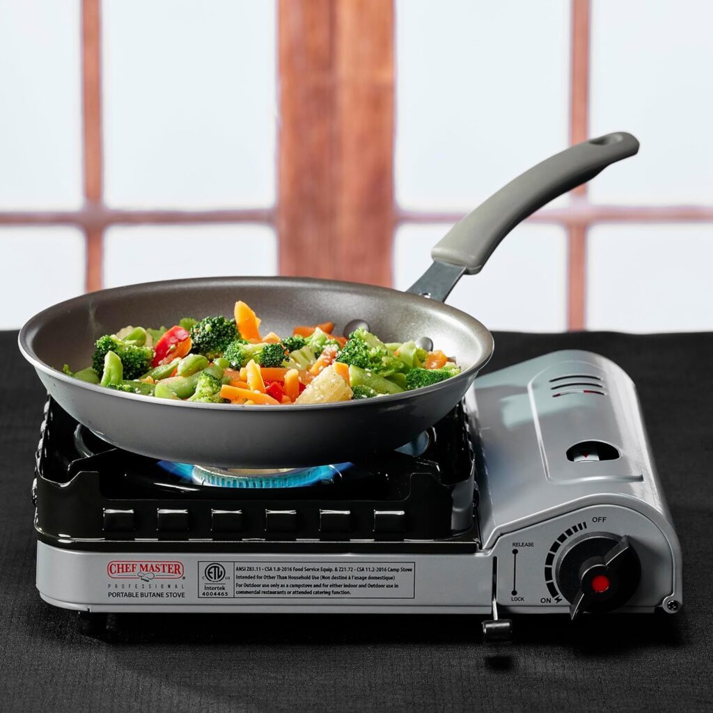 Portable Butane Camping Stove, Piezo Click Ignition, 15,000 BTU Output, Double Wind-Guard Portable Stove Burner for Emergency, Tailgating, Hiking, Backpacking, Camping Essentials by Chef Master #90019