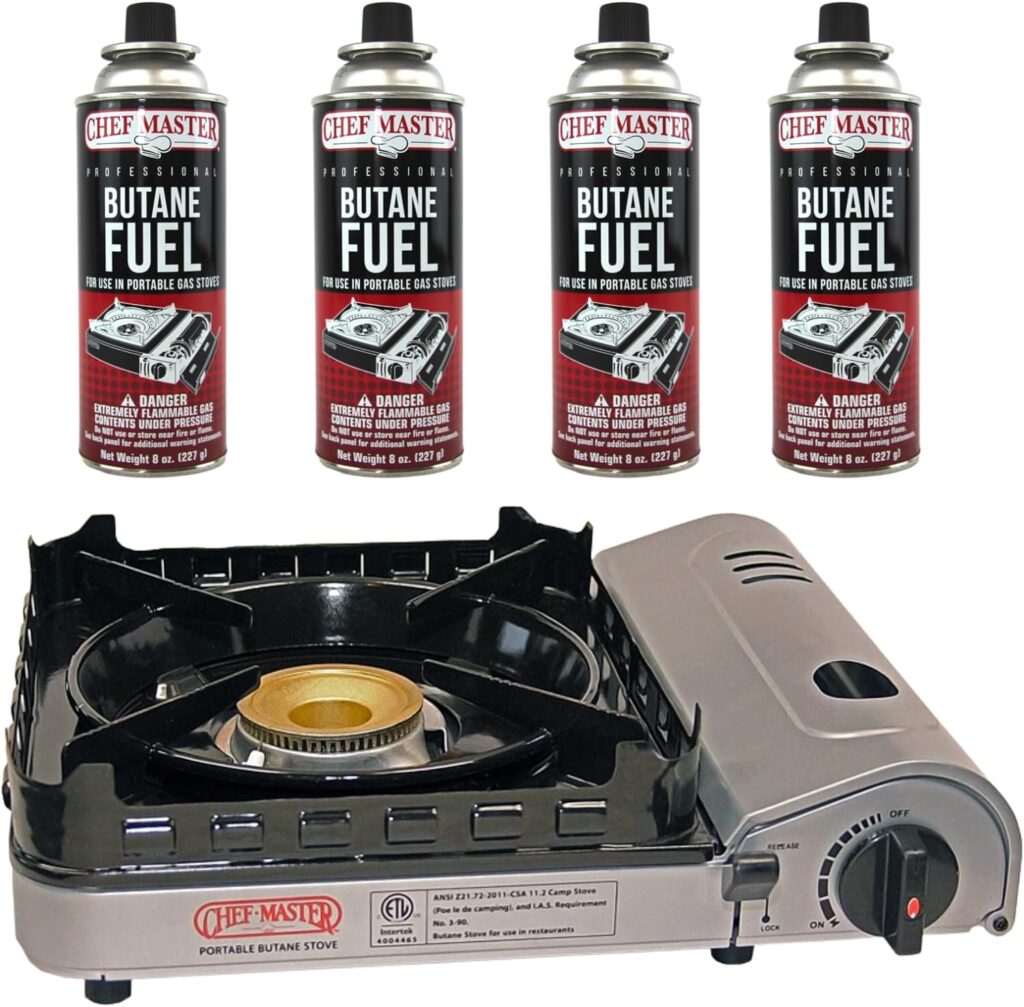 Portable Butane Camping Stove, Piezo Click Ignition, 15,000 BTU Output, Double Wind-Guard Portable Stove Burner for Emergency, Tailgating, Hiking, Backpacking, Camping Essentials by Chef Master #90019