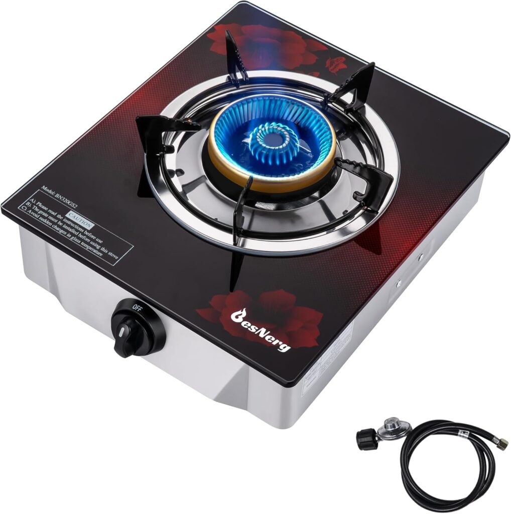 Portable Gas Propane Stove 1 Burner, High Heat BTU Tempered Glass Auto Ignition Cooktop, Suitable for Outdoor/Camping/RVs(RED)