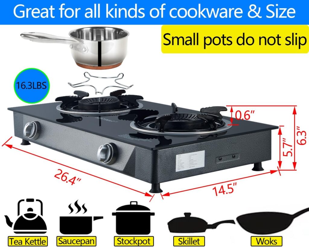 Propane Stove 2 Burner Propane Gas Stove Auto Ignition Portable Gas Stove 26000 BTU Propane Burners LPG with CSA Hose for Outdoor Cooking