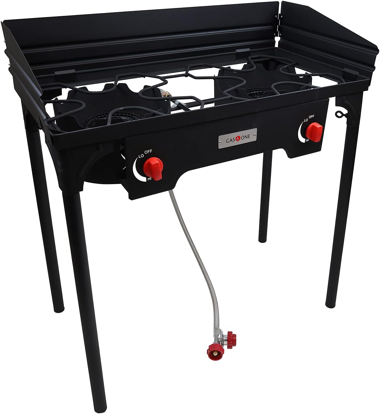 Gas One Propane Double Burner Two Burner Camp Stove Outdoor High Pressure Propane 2 Burner Adjustable PSI Regulator and 4ft Steel Braided Hose With Removable Legs Gas One Propane Double Burner Two Burner Camp Stove Outdoor High Pressure Propane 2 Burner Adjustable PSI Regulator and 4ft Steel Braided Hose With Removable Legs