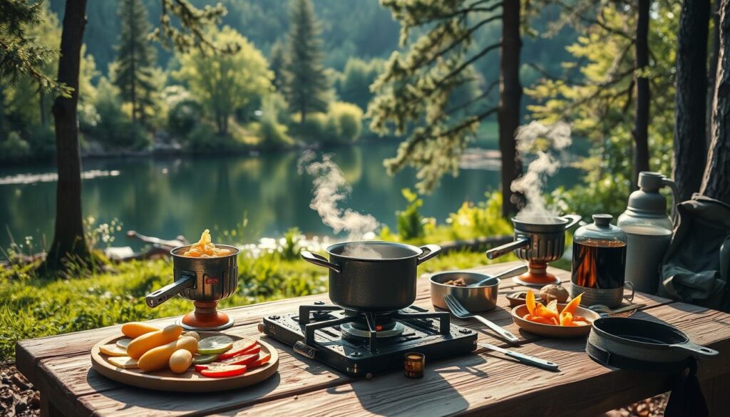 A serene outdoor cooking scene featuring a portable alcohol stove and a compact solid fuel stove set up in a picturesque natural environment, surrounded by lush greenery and a tranquil lake.