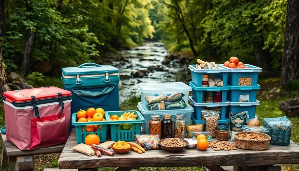 A serene camping scene depicting a variety of non-perishable food storage methods, including vibrant canvas coolers filled with colorful fruits and vegetables, sturdy plastic bins organized with neatly labeled jars and packages, a rustic wooden picnic table displaying an assortment of dried goods and snacks, surrounded by lush green trees and a gentle stream in the background, evoking a sense of freshness and outdoor adventure.