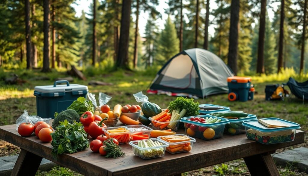 A serene campsite scene featuring a well-organized picnic table with colorful, fresh ingredients for meal prep, including vegetables, fruits, and neatly packed containers
