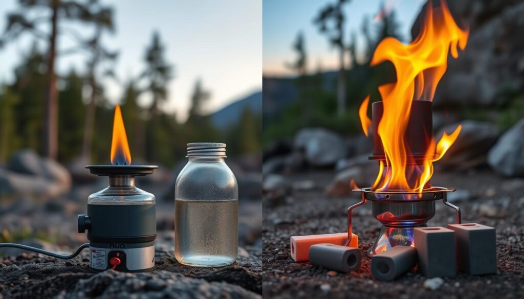 A split scene depicting an alcohol stove on one side with a small flame glowing softly and a clear liquid fuel container beside it, while on the other side, a solid fuel stove burns with vibrant flames and compact fuel blocks nearby, set against a natural outdoor backdrop with trees and rocks, showcasing the contrasting fuel types in a harmonious camping environment.