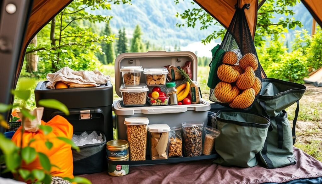 An organized camping setup showcasing various food storage solutions, including a cooler filled with ice, airtight containers storing grains and snacks, a hanging mesh organizer with fresh fruits, and durable, eco-friendly bags for dry goods, surrounded by lush greenery and a scenic campsite backdrop