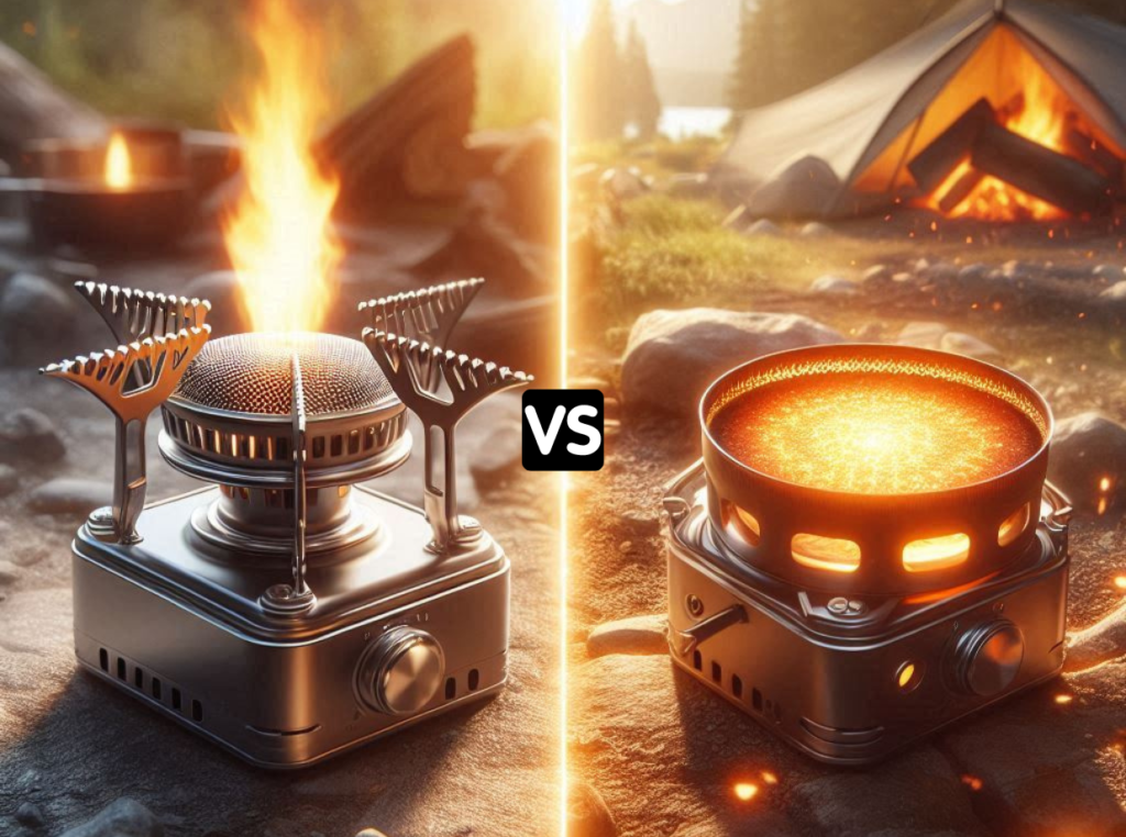 A split-screen comparison showing an alcohol stove on one side, featuring a sleek, modern design with a flame burning brightly, and on the other side, a solid fuel stove made of rugged metal with glowing solid fuel tablets. The background should depict a campsite scene, with natural elements like trees and rocks, highlighting the outdoor setting.