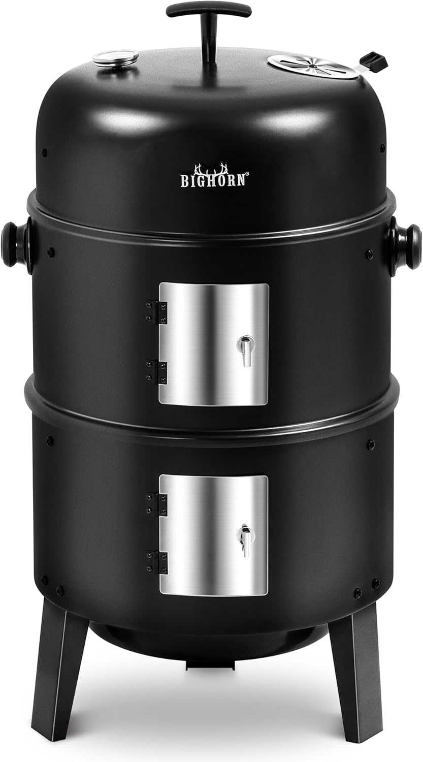 BIG HORN OUTDOORS Charcoal Smoker Grill Wood Smoker Grills Outdoor Cooking 16 Inch Vertical Smoker Portable BBQ Grill for Camping, Black BIG HORN OUTDOORS Charcoal Smoker Grill Wood Smoker Grills Outdoor Cooking 16 Inch Vertical Smoker Portable BBQ Grill for Camping, Black