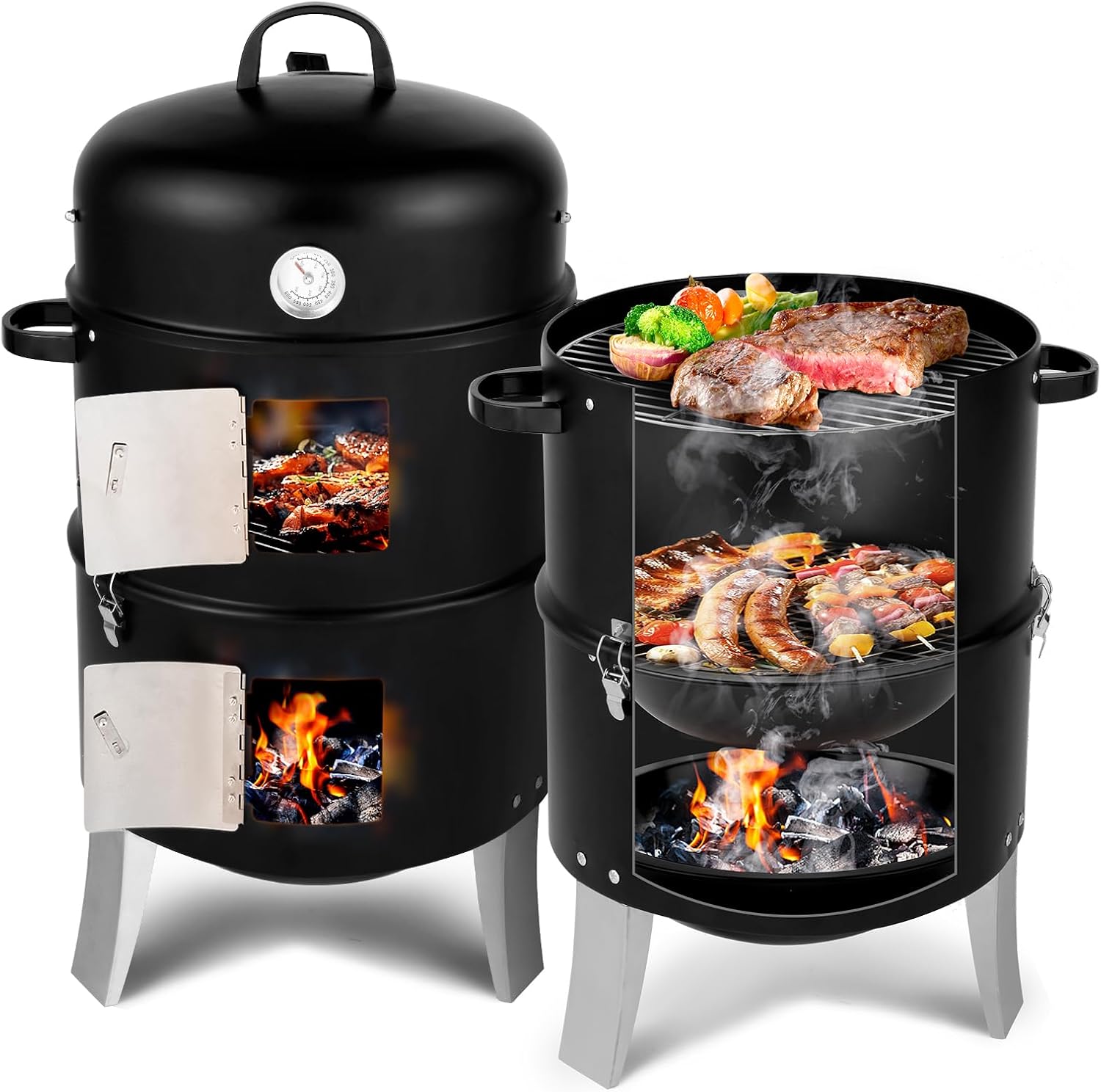 Outvita Vertical 18.5 Inch Steel Charcoal Smoker, Heavy Duty 3-in-1 Portable Outdoor Grill Cooker with Built-in Thermometer for Outdoor Backyard Cooking Grilling Camping Outvita Vertical 18.5 Inch Steel Charcoal Smoker, Heavy Duty 3-in-1 Portable Outdoor Grill Cooker with Built-in Thermometer for Outdoor Backyard Cooking Grilling Camping